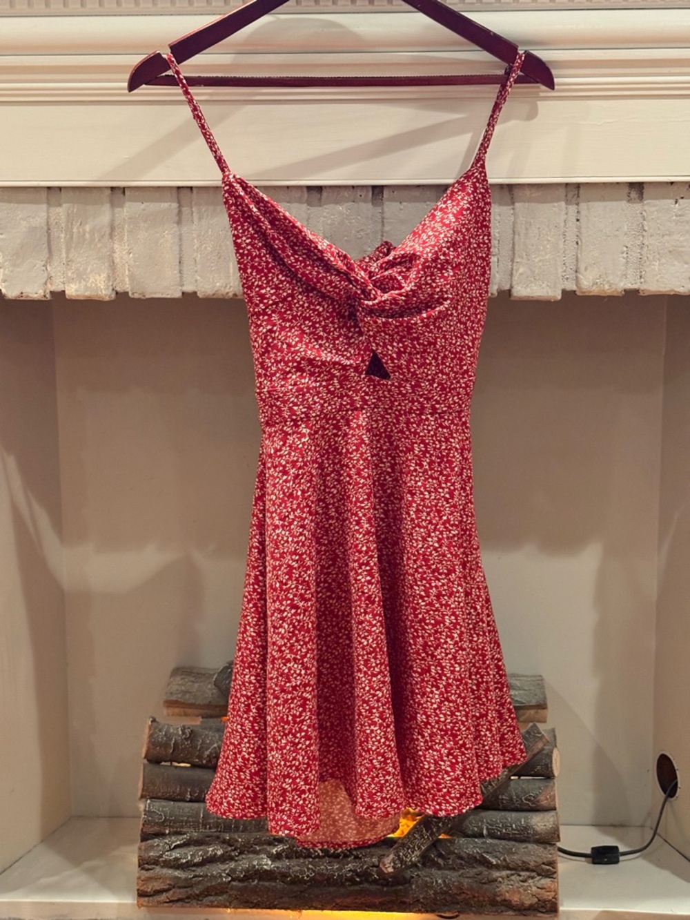 Red Floral Twist-Front Spaghetti Strap Dress